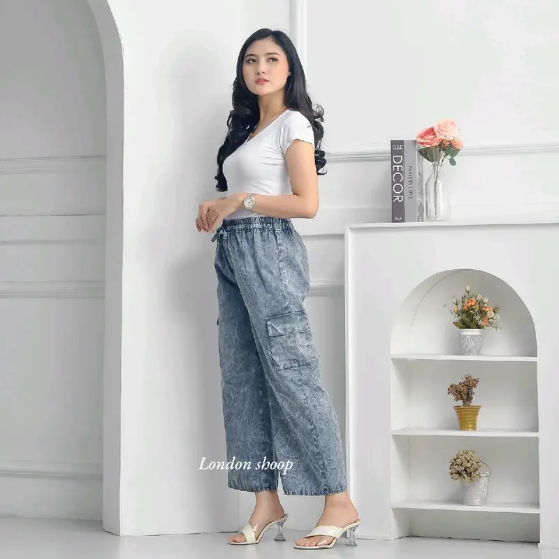 CELANA KULOT WANITA CARGO DEWASA SETANDAR BAHAN SEMI JEANS BB 40-55KG PANJANG 90CM PINGGANG FULL KARET 6