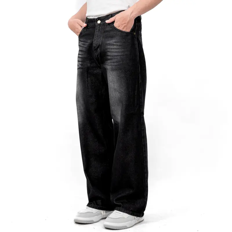 Gizmo - Celana Jeans Wide Leg Wisker Lebar Gombrong Skena Black Wisker pria loose Straight   fit jumbo big keren Bahan Denim Nyaman Oversize Panjang Santai Hitam Dark Casual 6