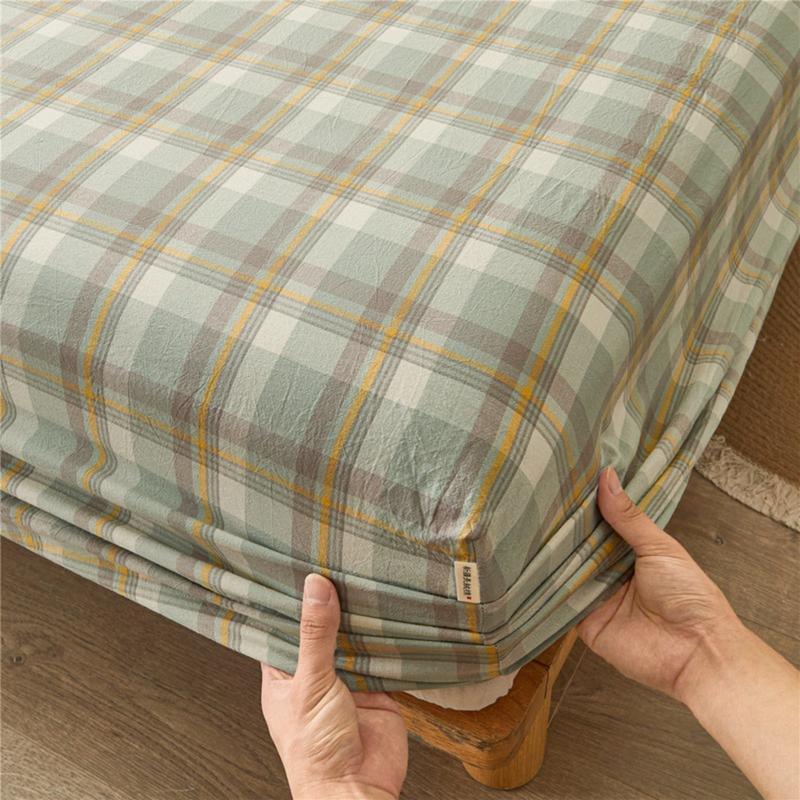 Product Introduction of Cotton Plaid Fitted Sheet Japanese Striped Plaid Cotton Non-Slip Bedspread Washed Cotton Student Fitted Sheet 3 In1 Mattress Cover Protective Cover 33