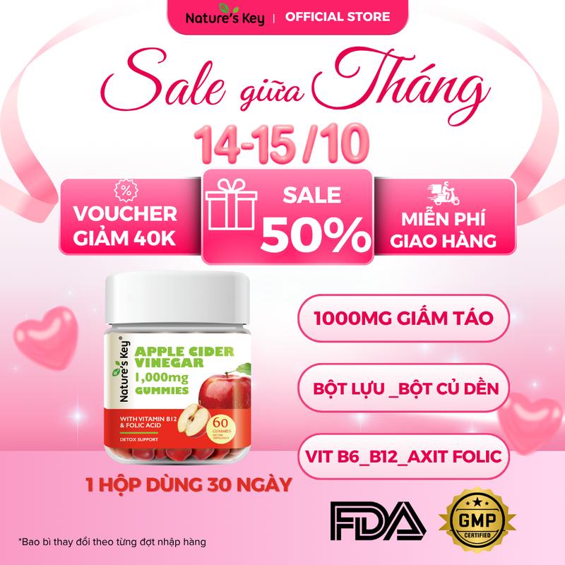 [KOL] Kẹo Dẻo Giấm Táo Nature's Key 1000mg Giấm Táo Nguyên Chất, Bổ Sung Vitamin Thiết Yếu, Thành Phần Tự Nhiên 60 viên