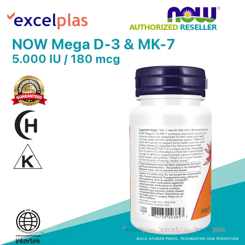 NOW Mega D-3 & MK-7 60 Veg Capsules Vitamins D3 & K2 5000 IU / 180 mcg 2