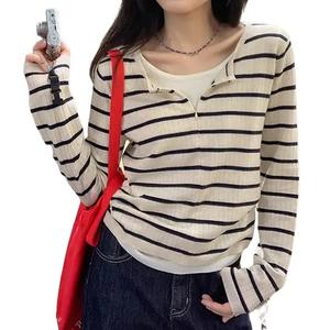 Women's Long Sleeve Striped Knit Sweater, Casual Fall Fashion Top, Slim-Fitting Short Design, Trendy Two-Piece Look 9017# Womenswear Crewneck Hoodie Sweatshirts