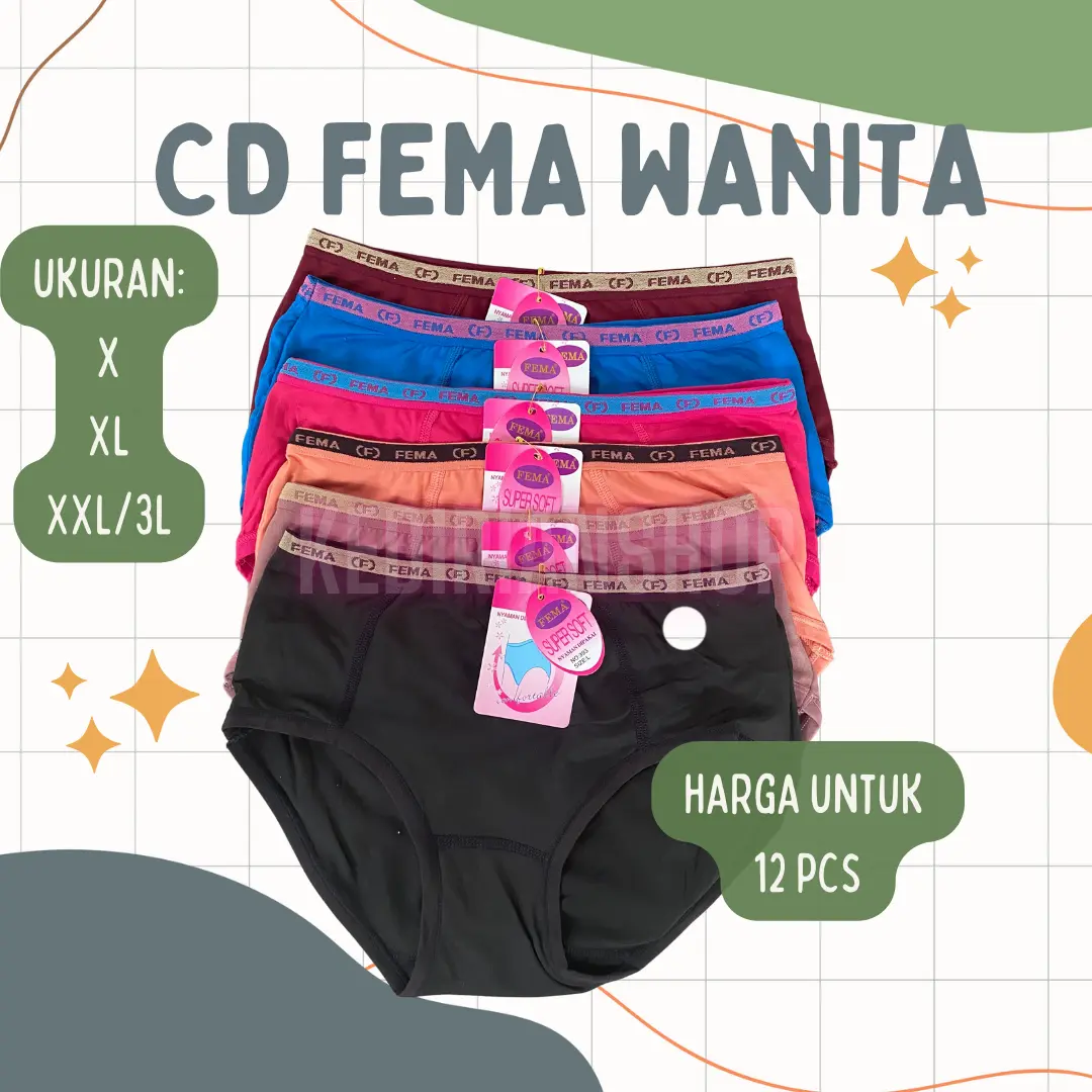 12 PCS / 6 PCS Celana Dalam Wanita Dewasa FEMA Lusinan Size L XL XXL 3L Sampai Bobot 80 Kg Cewek Katun Remaja No Motif