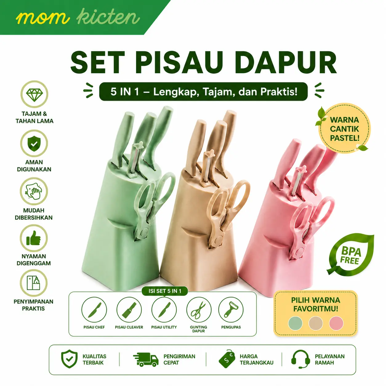 [MK]Pisau Dapur Set 5 in 1 Stainless Steel Dengan Rak Pisau dan Pengupas Pisau Tajam Anti Lengket Set Pisau Multifungsi Peralatan Dapur Lengkap Kitchen Knife Set Untuk Rumah Tangga