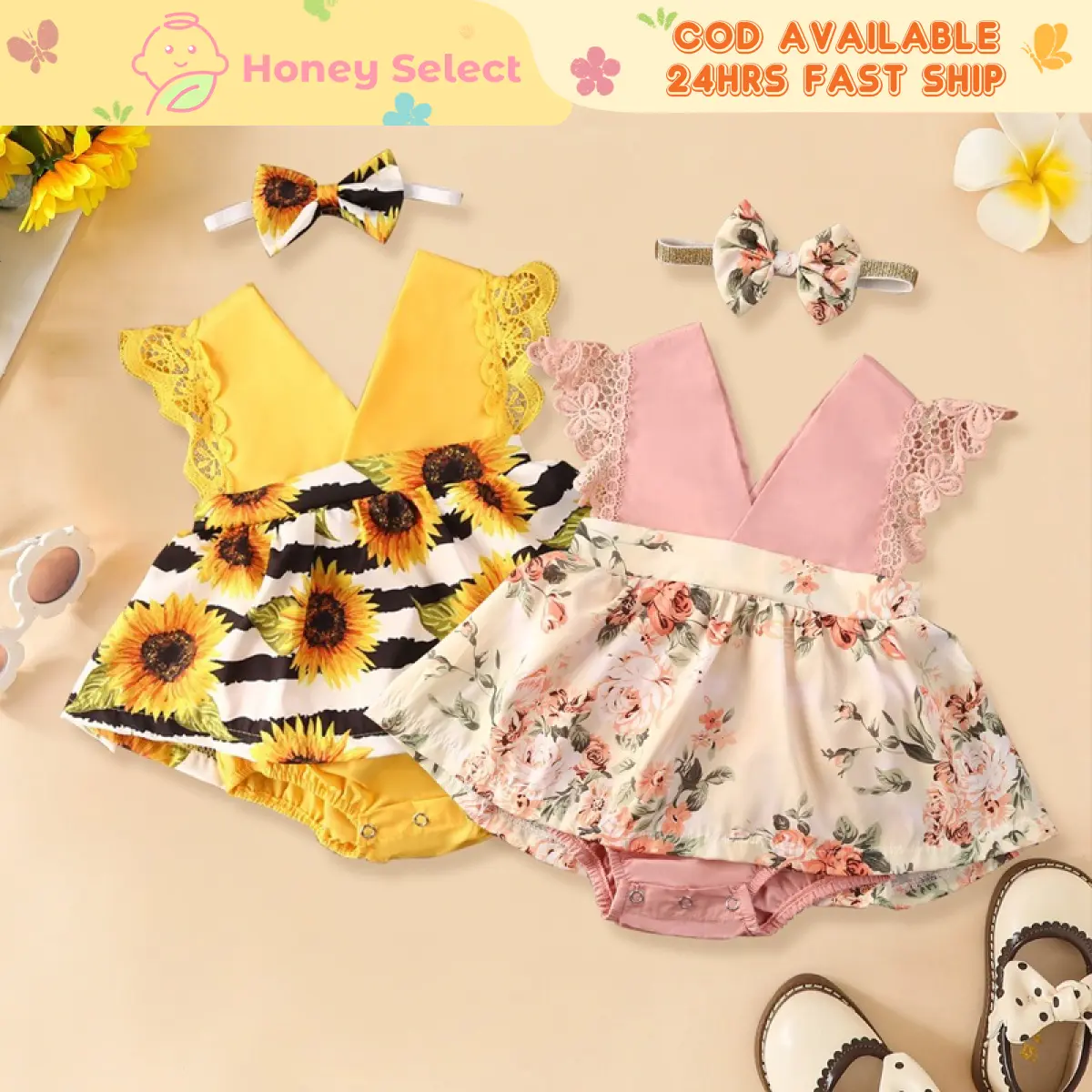 Baby Girl Clothing Set 2Pcs Baby Romper and Headband Lace Short Sleeve Sunflower Newborn Baby jumpsuit Dress
