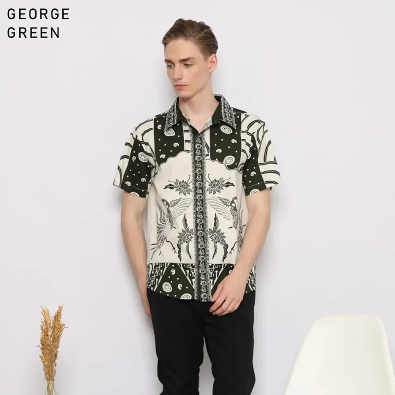 Evercloth George Kemeja Batik Pria Lengan Pendek Hem Batik Cowok Baju Batik Laki-Laki Slim Fit Batik Couple Modern Seragam Keluarga Couple Kantor Sarimbit Katun Stretch 4