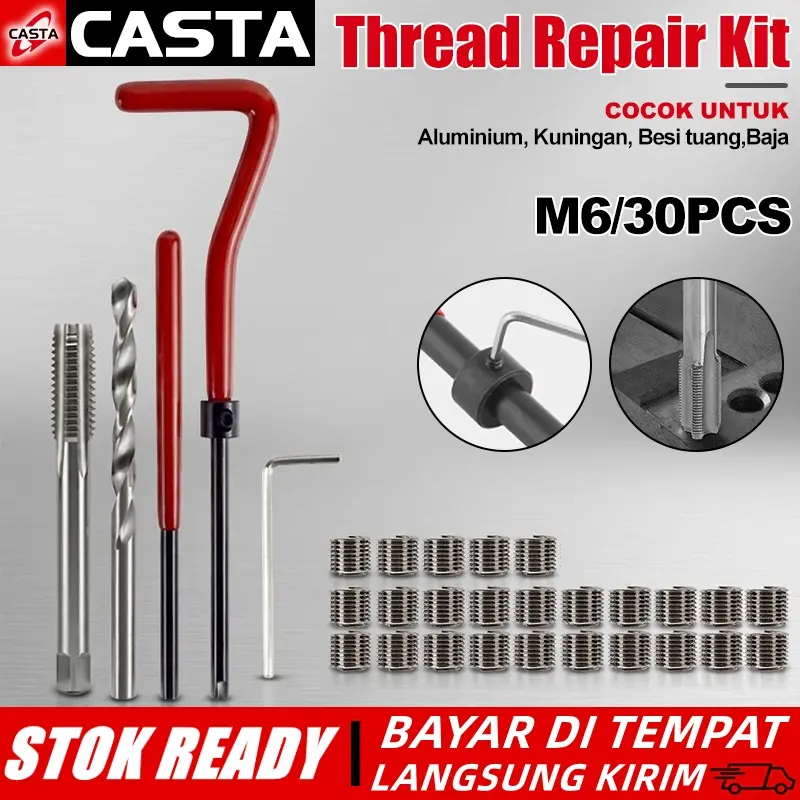 CASTA Set Alat Reparasi Mobil Motor 30pcs Thread Repair Kit Recoil Helicoil M6x1mm Pemulih Drat Slek Dol Baut Rusak Material HSS Tahan Lama Lengkap 25 Insert Ulir Stainless Bor Keran Kunci Pas Untuk Servis Harian Bengkel Profesional