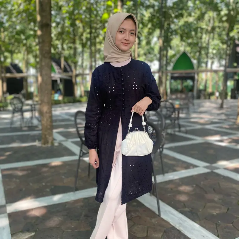 [ LD120 ] Chea Tunik Katun Bordir ( Katbol ) Baju kondangan / Baju Atasan Panjang Wanita Muslim Katun Bolong Kombinasi Kancing Hidup 1
