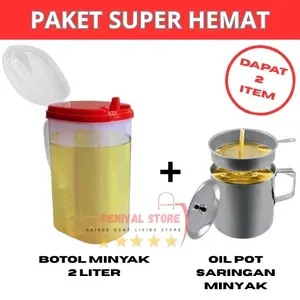 PAKET COMBO HEMAT 2IN1 BOTOL MINYAK 2 LITER + OIL POT SARINGAN MINYAK GORENG