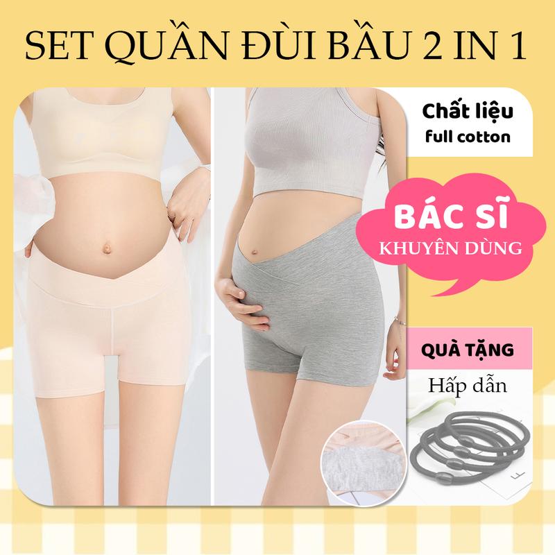  Combo quần đùi bầu Laamom 2 in 1 có đáy kháng khuẩn quần bảo hộ bầu cạp chéo chất cotton co dãn thấm hút mồ hôi mặc trong váy đi làm đi chơi đi khám thai,...QD3 
