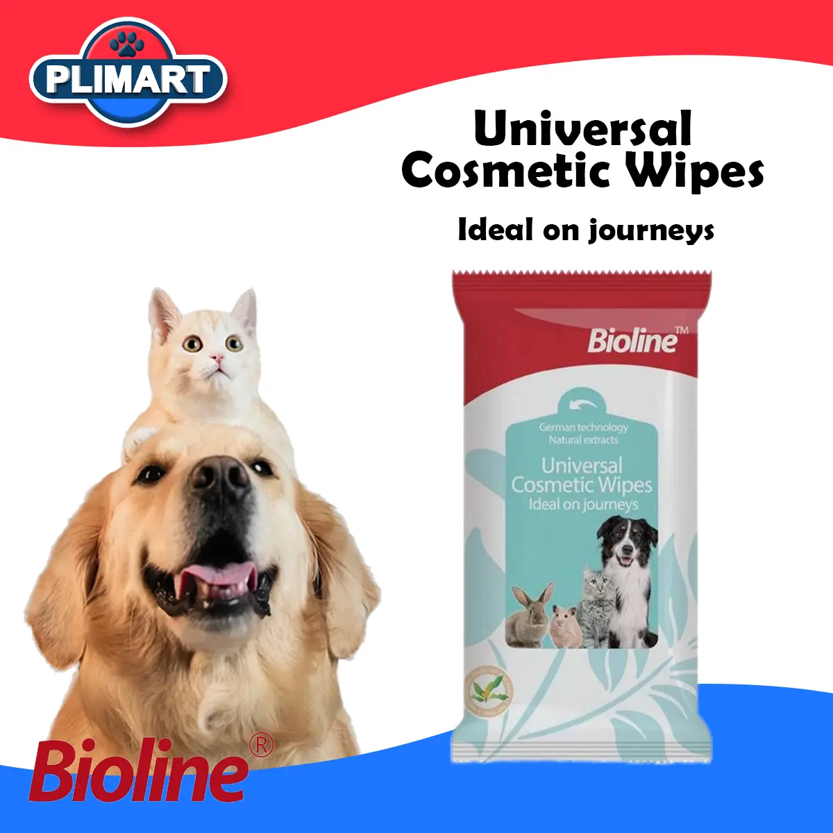 Bioline Universal Cosmetic Wipes 10pcs Ideal on Journeys dengan Teknologi Jerman Ekstrak Alami untuk Anjing Kucing dan Hewan Kecil Lainnya