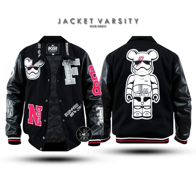 Jaket varsitY BASSEBALL Fleece Pria Casual Distro Bordir Nyaman Formal Keren Kerah Jeans  Hitam Tebal 5