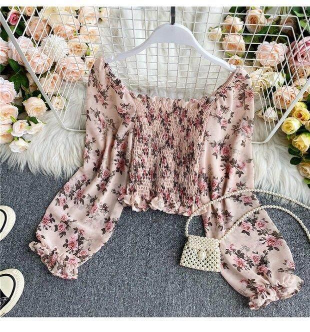 Product Introduction of Retro Floral Crop Top for Women Long Sleeve High-waisted Short Blouse Off-shoulder Shirt 22