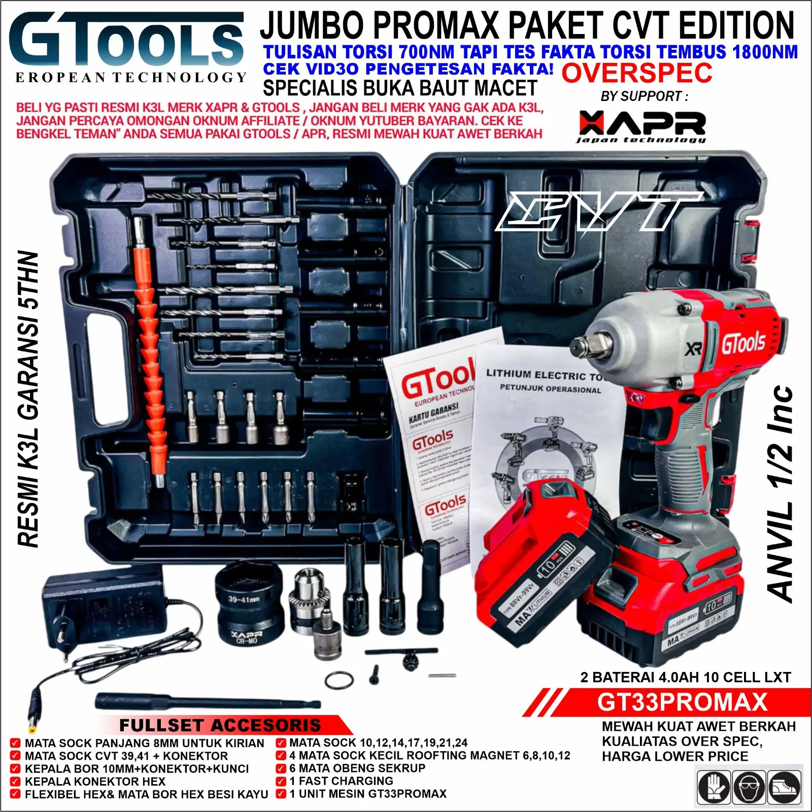 RAJA IMPACT WRENCH JUMBO GTOOLS GT33PROMAX CVT 700nm up to 1800NM IMPEK KUAT MOBIL MOTOR MESIN TRUCK XAPR