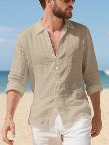 Camisa de lino para hombre de manga larga - tejido ligero y transpirable, cuello clásico y diseño con botones al frente, ajuste holgado. Perfecto para vacaciones en la playa, salidas a la costa y uso casual diario.