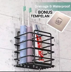 Rak Gantung Odol dan Sikat Gigi Minimalis Fungsional dari Besi Kawat 2 Mili dengan Cat Coating Bonus Tempelan untuk Kamar Mandi Anda