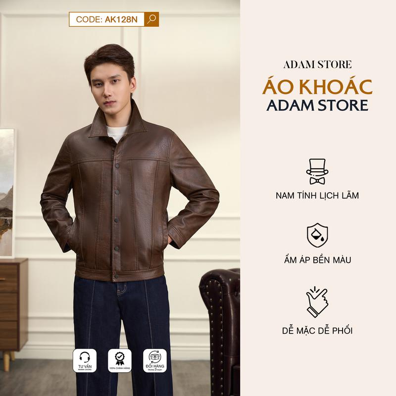 ÁO KHOÁC DA NAM ADAM STORE MÀU NÂU KHUY CÚC BẤM AK128N CỔ BẺ BASIC