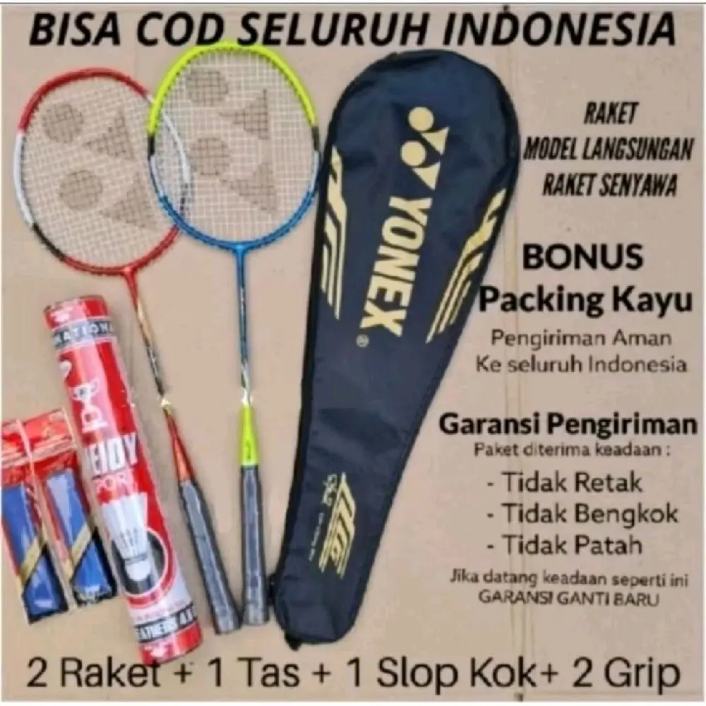 RAKET BADMINTON LENGKAP DEGAN TAS DAN SHUTTLECOCK BISA SATUAN BONUS GRIP HANDUK DAN PACKING KAYU