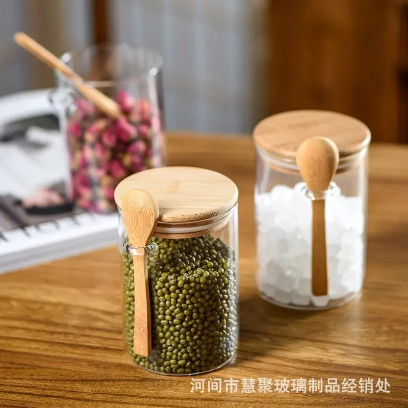 Sendok Kayu Toples Kaca Penyimpanan Bumbu Dapur Kedap Udara Tutup Bulat Borosilicate Glass Jar 2
