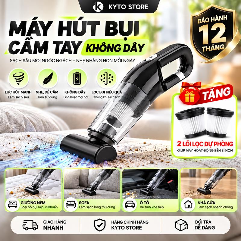 Máy Hút Bụi Cầm Tay Không Dây Kyto Home - Lực Hút Mạnh 20000Pa, Đa Năng Cán Dài Hút Sàn Nhà, Nội Thất Ô Tô, Đệm Sofa