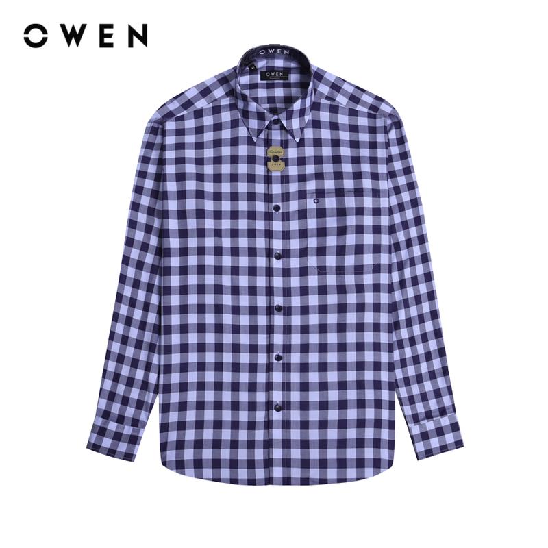 Owen - Áo sơ mi dài tay Nam Regular Fit Có túi AR230630DT màu Xanh navy chất liệu Bamboo Hoạ tiết Kẻ caro Menswear