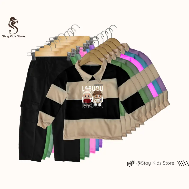 Stelan Anak Perempuan labubu viral 2025| Baju anak kekinian 3-12 tahun | kaos salur berkerah lengan panjang, Celana Motif Kargo crop one set | Pakaian lucu motif bergaris fasionable, santai dan nyaman, otfit labubu celana cargo modis | Fashion anak trendy
