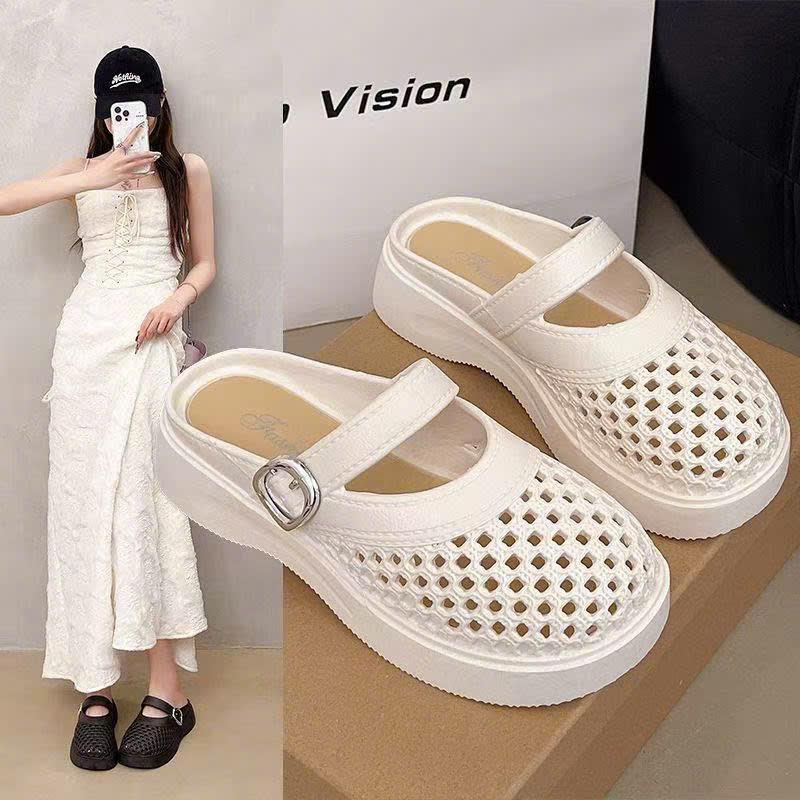 (Tăng 1 size) Dép sục rọ nữ gắn khoá thời trang 2025, dép nữ đế cao 5cm chất PU dẻo, êm chân, BTdep