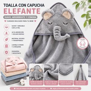 Toalla de Baño Suave con Capucha Diseño Elefante Alta Absorción Secado Rápido para Hogar Spa Playa Piscina