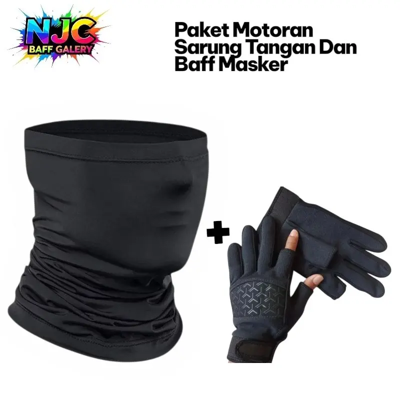 Paket Motoran 2 in 1 Sarung Tangan perekat dan Baff Masker Hitam Pria Wanita