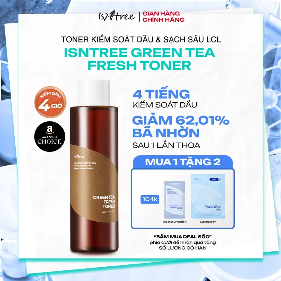 [CFV][Tặng 1 Mặt nạ Isntree+1 sachet 2ml] Nước hoa hồng Trà Xanh kiểm soát dầu nhờn và làm dịu Isntree Green Tea Fresh Toner 200ml