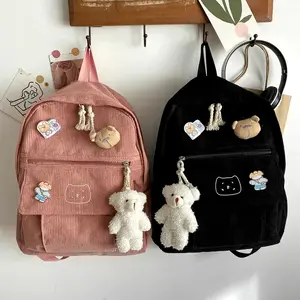Tas Ransel Sekolah Corduroy Motif Beruang Korean Backpack Wanita Anak Perempuan Tas Cewe Cantik