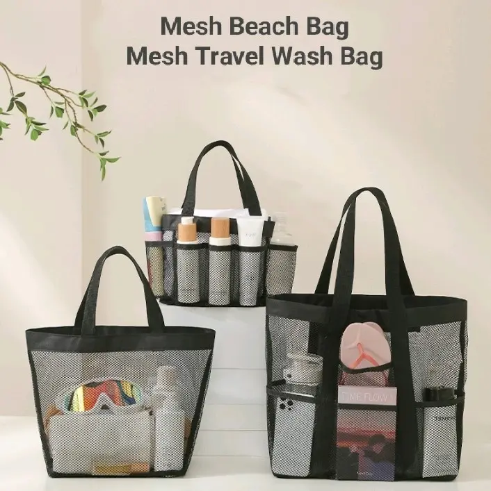 Mesh Beach Bag Mesh Tote Bag Cosmetic Wash Bag Travel Waterproof Bag Handheld Travel Wash Bag Storage Bag Transparent Mesh Tote Bag Nylon Pocket Blue