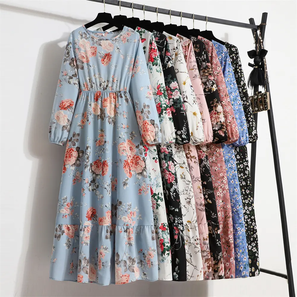 Cross-Border Foreign Trade French Style High-Grade Dress New Women's Spring and Autumn Waist Slimming Elegant Tea Break Floral Dress