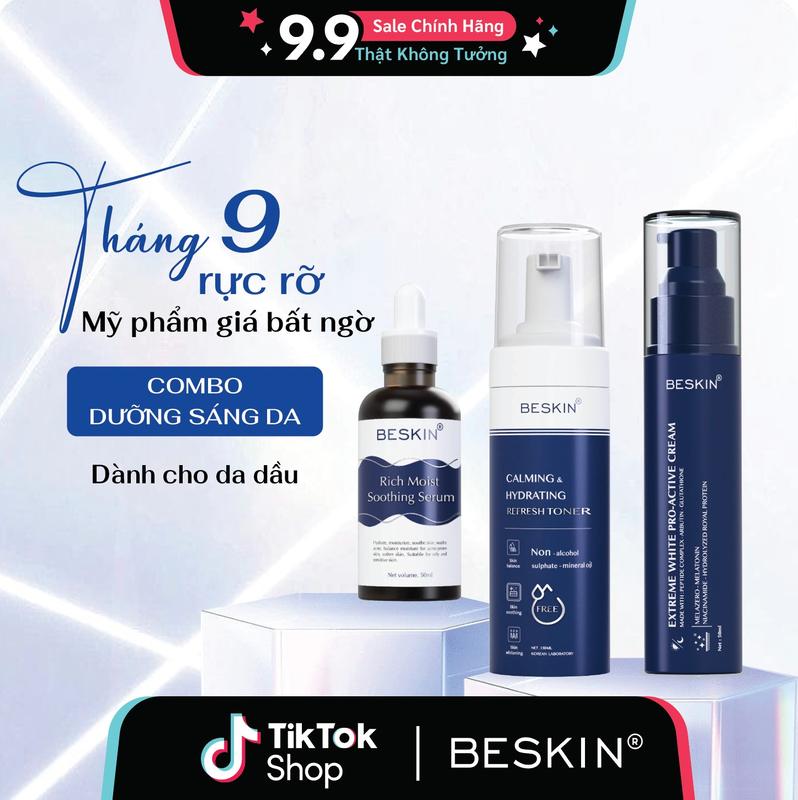 [BE-01] COMBO DƯỠNG SÁNG DA CHO DA DẦU: "Kem Face Phấn Nhung 50ml + Tinh Chất Cấp Ẩm Dịu Da 50ml - Toner Tạo Bọt 150ml" - Thương Hiệu Beskin - Skincare Massage Son Làm Đẹp Da Kem Chống Nắng