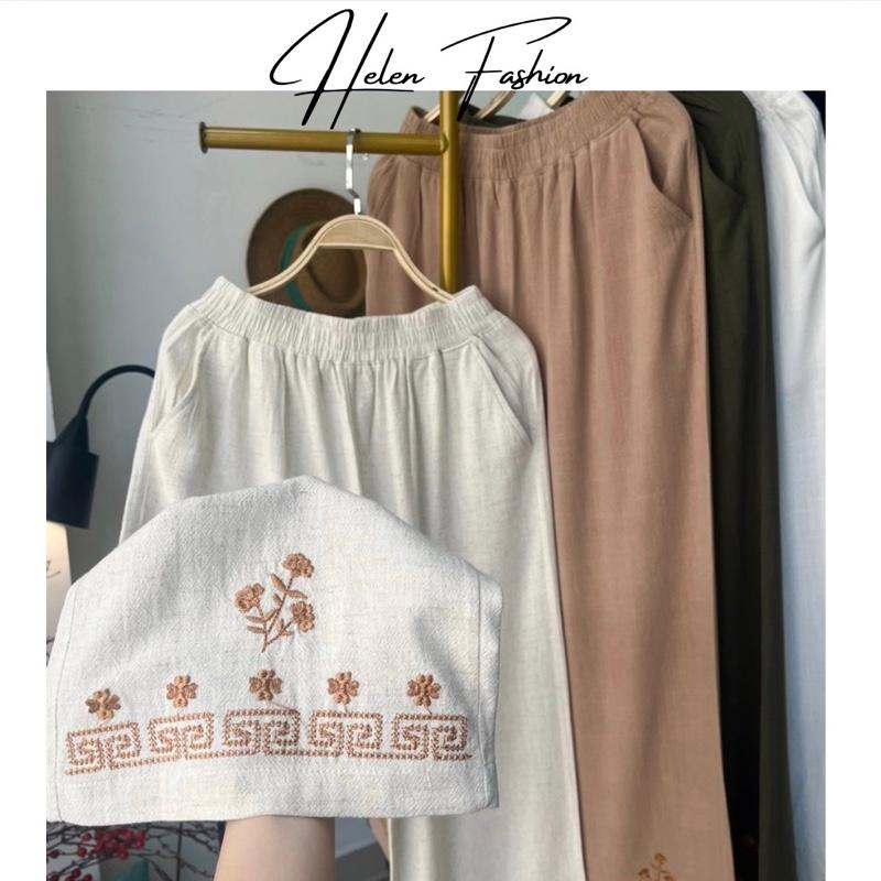 QUẦN LINEN BAMBO NỮ THIẾT KẾ THÊU HOẠ TIẾT LAI QUẦN FORM SUÔNG RỘNG - VẢI LINEN BAMBO