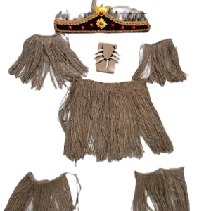 Aksesoris Tari Papua 1set Mahkota Bulu Rok Rumbai Kalung Taring 7 Putih Gelang Tangan Rami dan Gelang Kaki Rami untuk Pakaian Tradisional