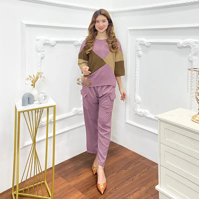 db - AURA baju setelan muslim wanita kekinian korean style remaja dewasa crinkle airflow celana panjang atasan 3/4 terbaru 2025 baju set santai Kulot Casual 4