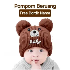 kupluk Bayi Karakter Beruang Cewek cowok Gratis Bordir Nama Usia 0-2thn Biru Hitam Merah Perempuan