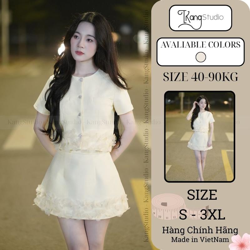 CÓ BIGSIZE KangStudio - M100 Set Áo Croptop Chân Váy A Phối Hoa Bèo Đính Cúc Đá Tiểu Thư Sang Chảnh - Set Xinh Tuổi 18