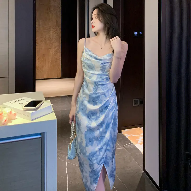(452)Blue Floral Dress Biru Muda Summer Elegant Long Dress Pantai Wanita Korea Party import dress body press korean style terbaru 2024 kekinian XS-4XL midi dress casual