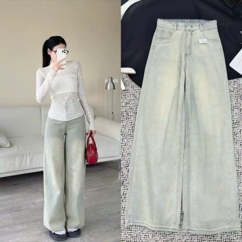 Quần jeans ống suông lưng cao màu xanh bạc phủ bụi quần bò nữ ống rộng chất vải…