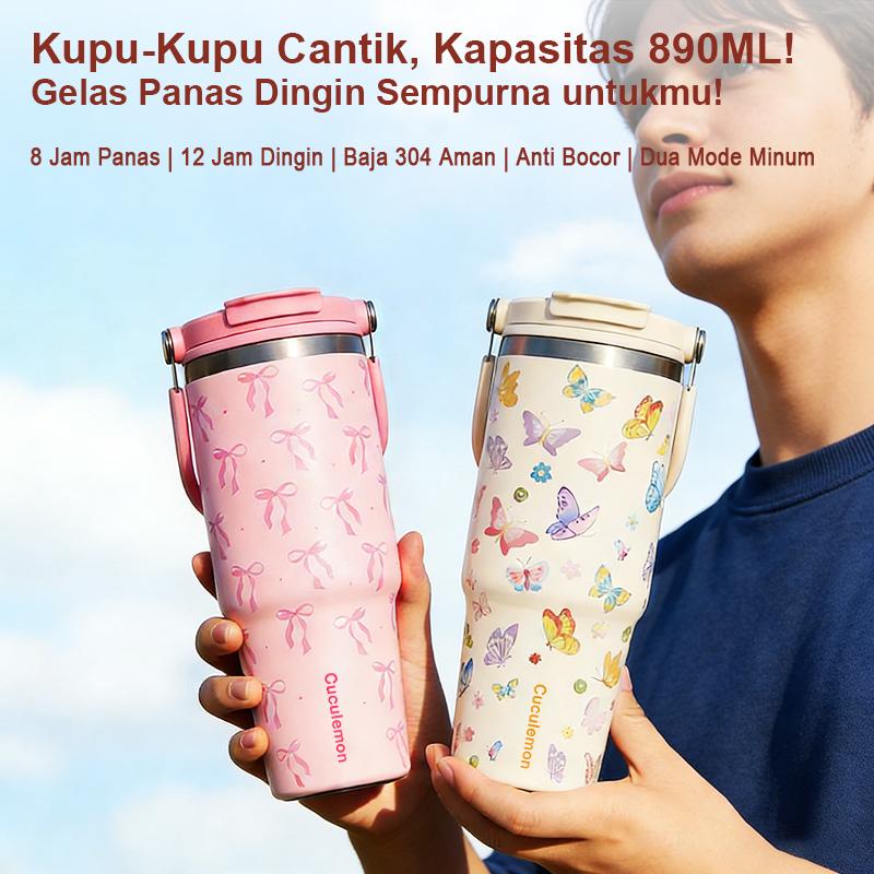 CucuLemon Tumbler Stainless Vacuum 890ML Botol Minum Besar Termos Anti Kebocoran Desain Kupu-Kupu Cantik & Merah Muda Pita CucuLemon Tumbler Stainless Vacuum 890ML Botol Minum Besar Termos Anti Kebocoran Desain Kupu-Kupu Cantik & Merah Muda Pita