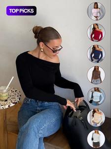 Camiseta corta de cuello asimétrico acanalado liso para mujer, elegante camiseta de manga larga de moda para uso diario al aire libre, ropa de mujer para otoño e invierno