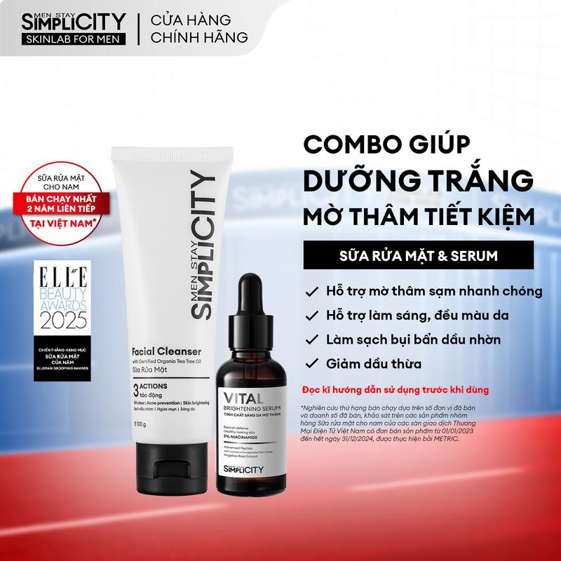[KOL] Combo giúp dưỡng trắng mờ thâm tiết kiệm dành cho nam Men Stay Simplicity Brightening Duo gồm: Sữa rửa mặt 100g & Serum Vital 30ml