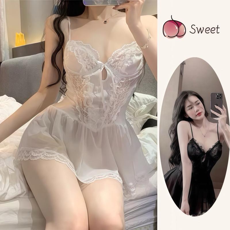 Váy Ngủ Sexy - Đầm Ngủ Ren Xuyên Thấu Gợi Cảm Tặng Kèm Quần Kem Nữ Dress XT109