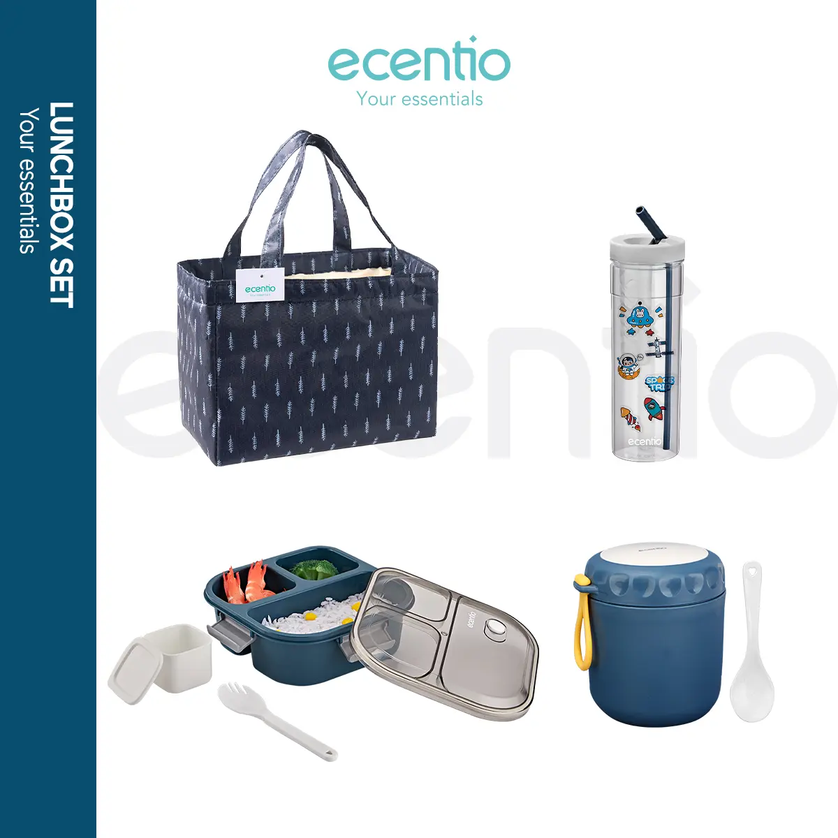【in stock】【100% Anti tumpah+FREE BPA】【lunch box 1 set】4pcs ecentio lunch box kotak lunch bag botol set  Biru Makan Sendok Wadah Kitchenware