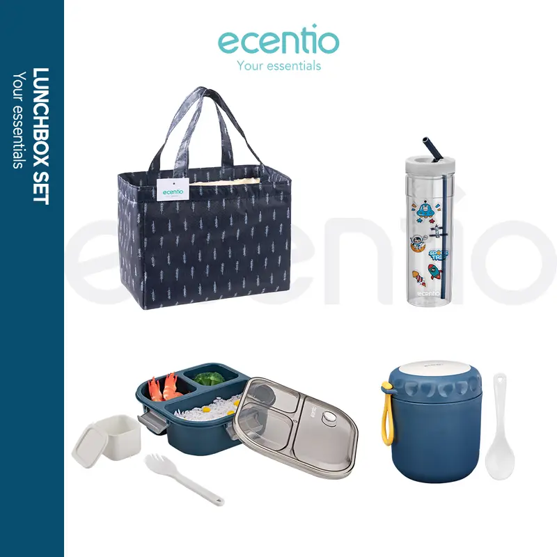 【in stock】【100% Anti tumpah+FREE BPA】【lunch box 1 set】4pcs ecentio lunch box kotak lunch bag botol set  Biru Makan Sendok Wadah Kitchenware 0