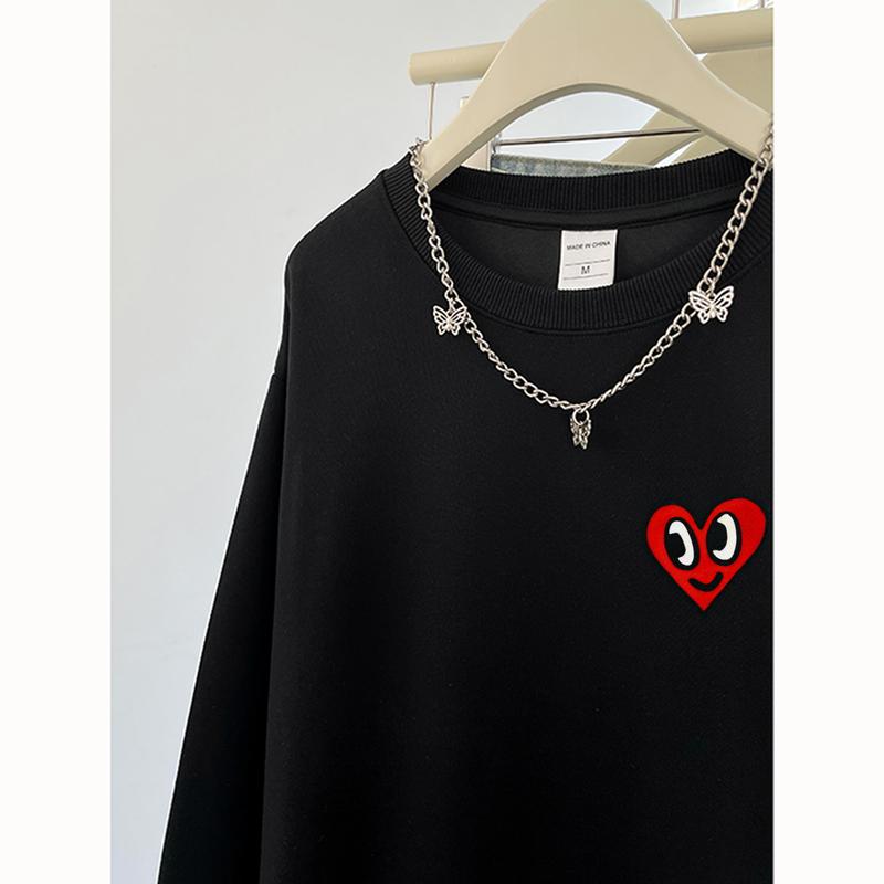 P000283 Hoodie wanita sweater hoodie leher bulat wanita / Catatan tempel berbentuk hati retro Amerika / sweater gaya kebesaran kasual modis  crewneck cewek aesthetic 5