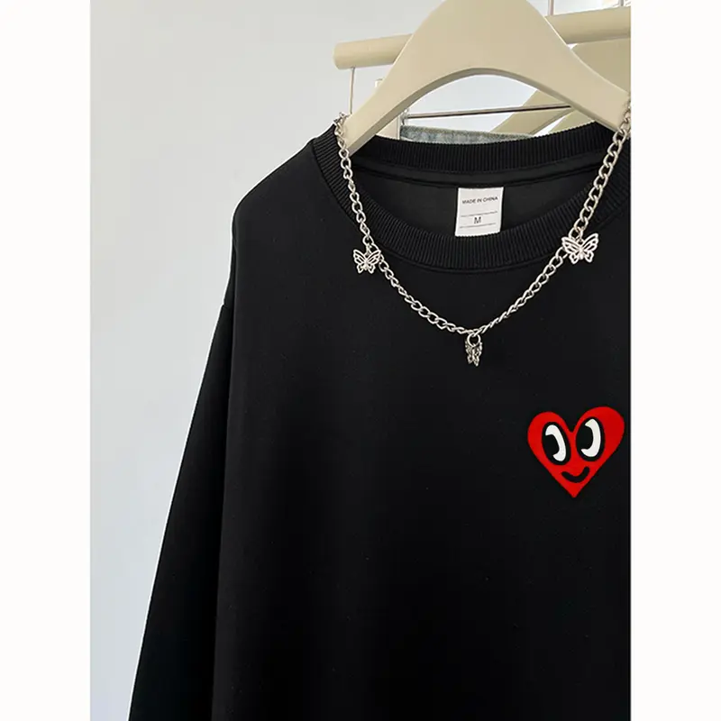 P000283 Hoodie wanita sweater hoodie leher bulat wanita / Catatan tempel berbentuk hati retro Amerika / sweater gaya kebesaran kasual modis  crewneck cewek aesthetic 5