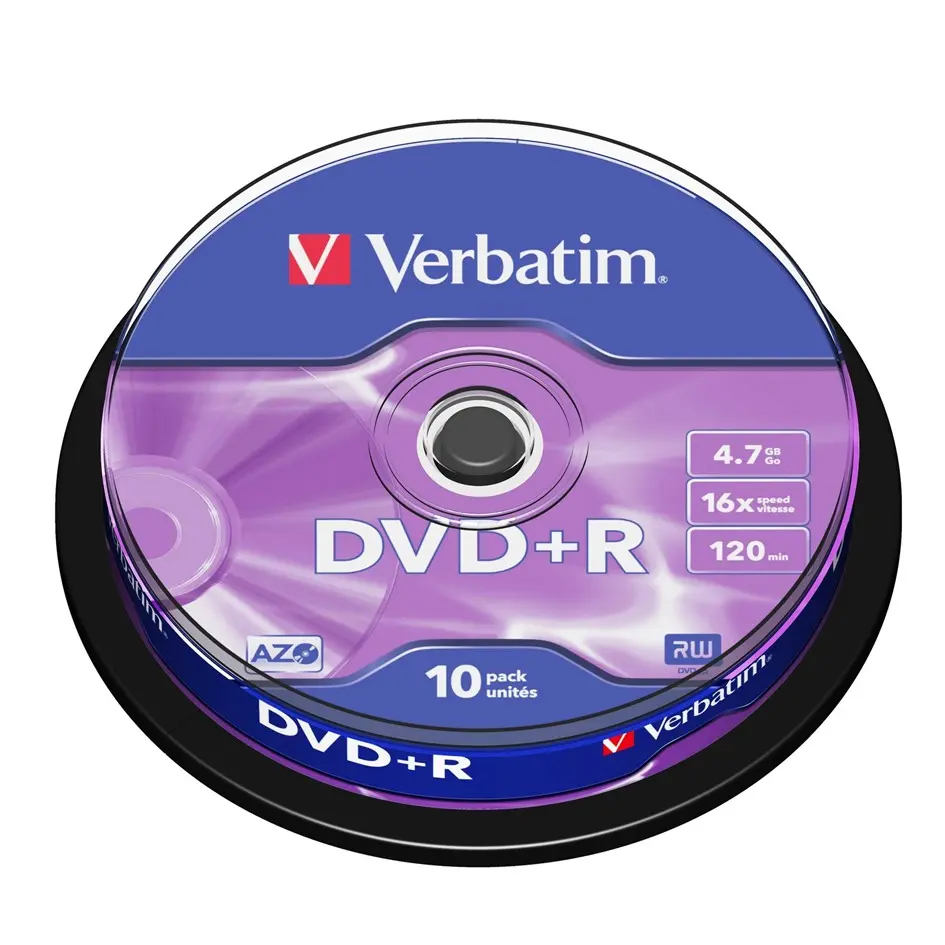 Verbatim DVD+R  4.7GB 16x Speed 120 Min 10pcs/pack P/N: 43498 Made in Taiwan